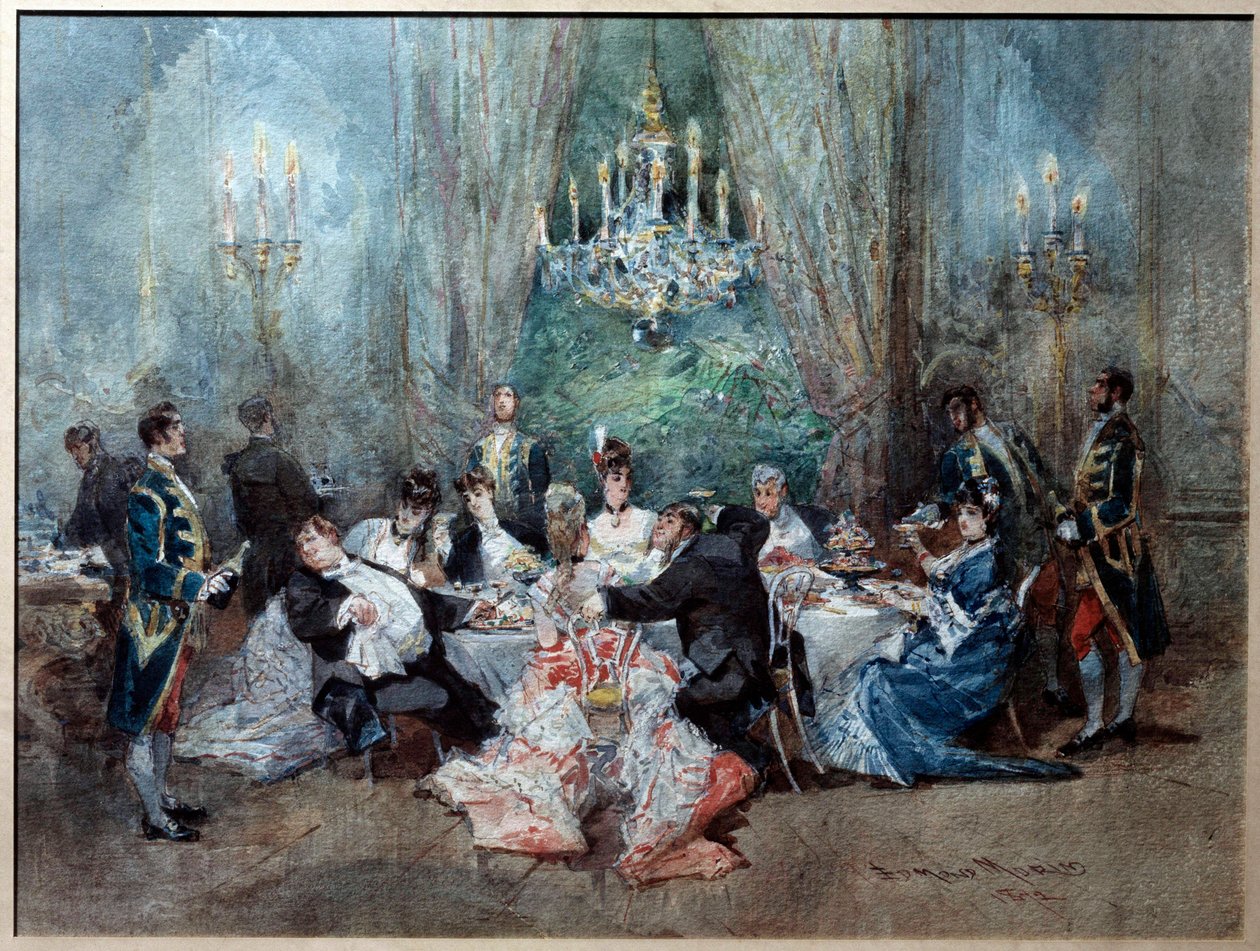 مشهد الوجبة. رسم توضيحي للمشهد 10 من الفصل الثاني من "" The Reveillon "" لهنري (هنري) ميلهاش (1830-1897) ولودوفيك هليفي (1834-1908) في القصر الملكي بواسطة ادموند مورين