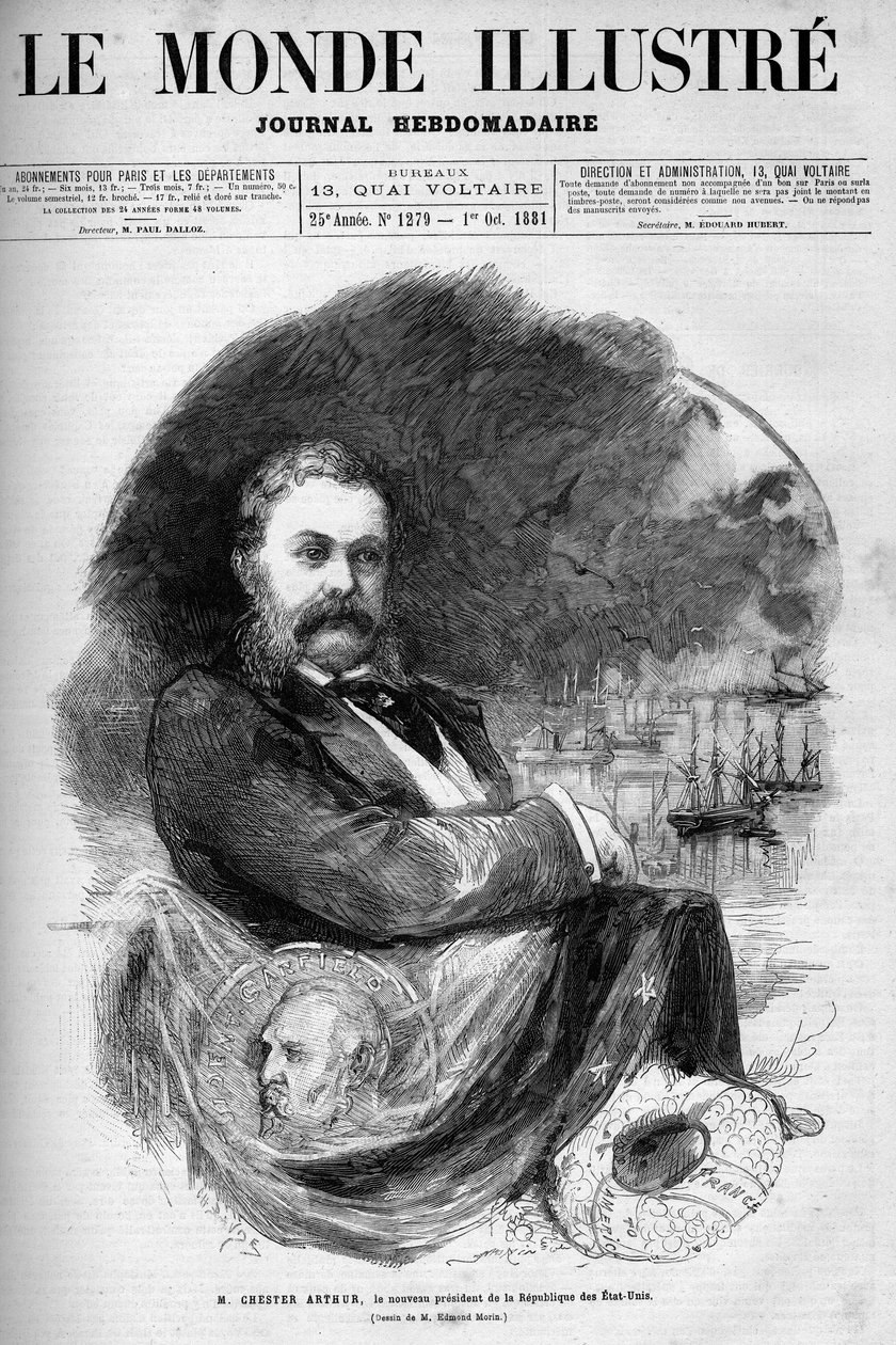 صورة شخصية تشيستر آلان آرثر (1830-1886) ، رئيس الولايات المتحدة. نقش إدموند مورين. واحد من "العالم المصور" رقم 1279 بتاريخ 1 أكتوبر بواسطة ادموند مورين