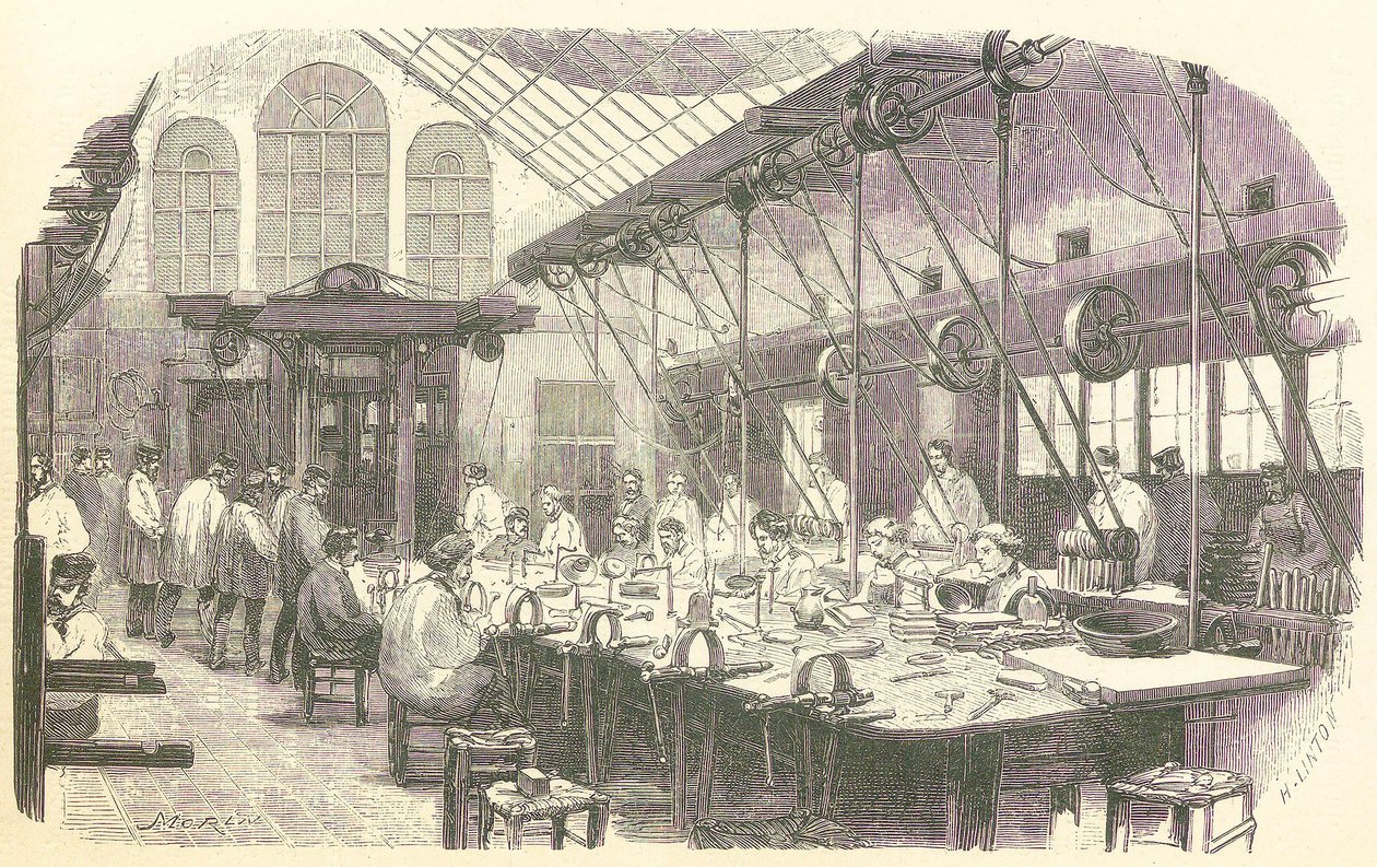 صاغة الفضة في العمل في مصنع كريستوفل لأدوات المائدة في باريس ، حانة. 1875. بواسطة ادموند مورين