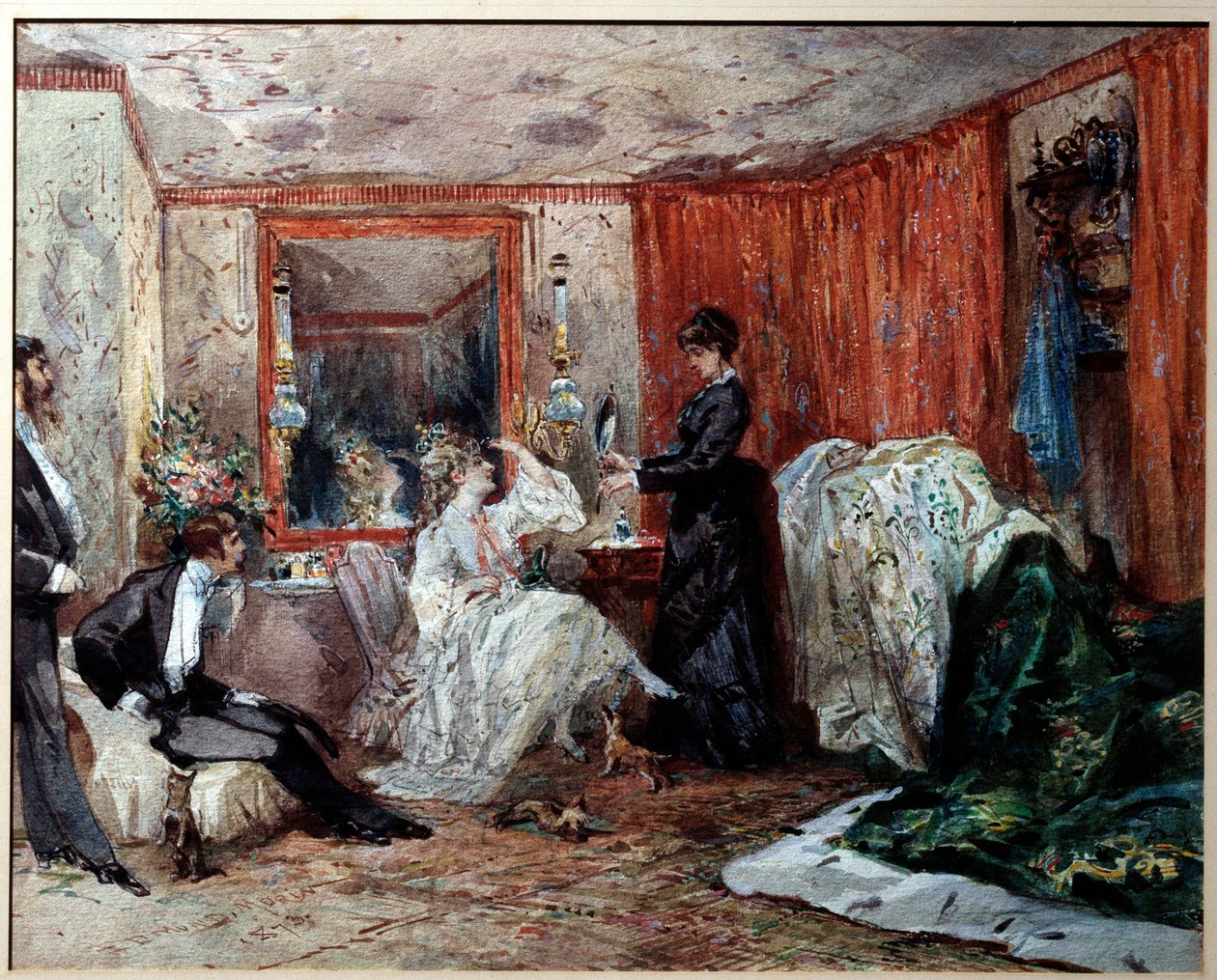 الممثل الكوميدي المسرحي هورتنس شنايدر (1833-1920) ، عشيقة جاك أوفنباخ (1819-1890) ، تمثل على اليسار في غرفة ملابسها في مسرح الأصناف. لوحة مائية بواسطة إدموند مورين (1824-1882) 1873 Compiegne ، متحف القلعة بواسطة ادموند مورين