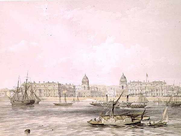 مستشفى غرينتش ، نقشها توماس بيكن (من 1838 إلى 1870) ، حانة. 1852 بواسطة Lloyd Bros. & Co. (طباعة حجرية) بواسطة ادموند (بعد) ووكر