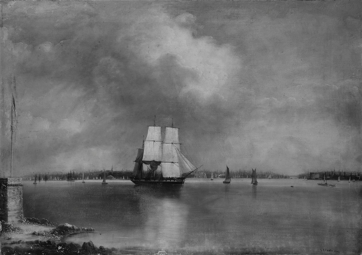 خليج وميناء نيويورك من جزيرة بيدلو ، 1864 أو 1866. بواسطة ادموند كواتس