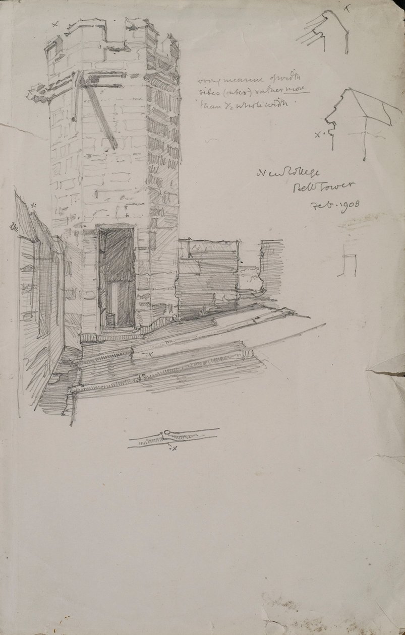 رسم تخطيطي لبرج الجرس في الكلية الجديدة ، يُظهر تفاصيل السقف المرصود ، 1908 قلم رصاص على ورق بواسطة إدموند هورت الجديد