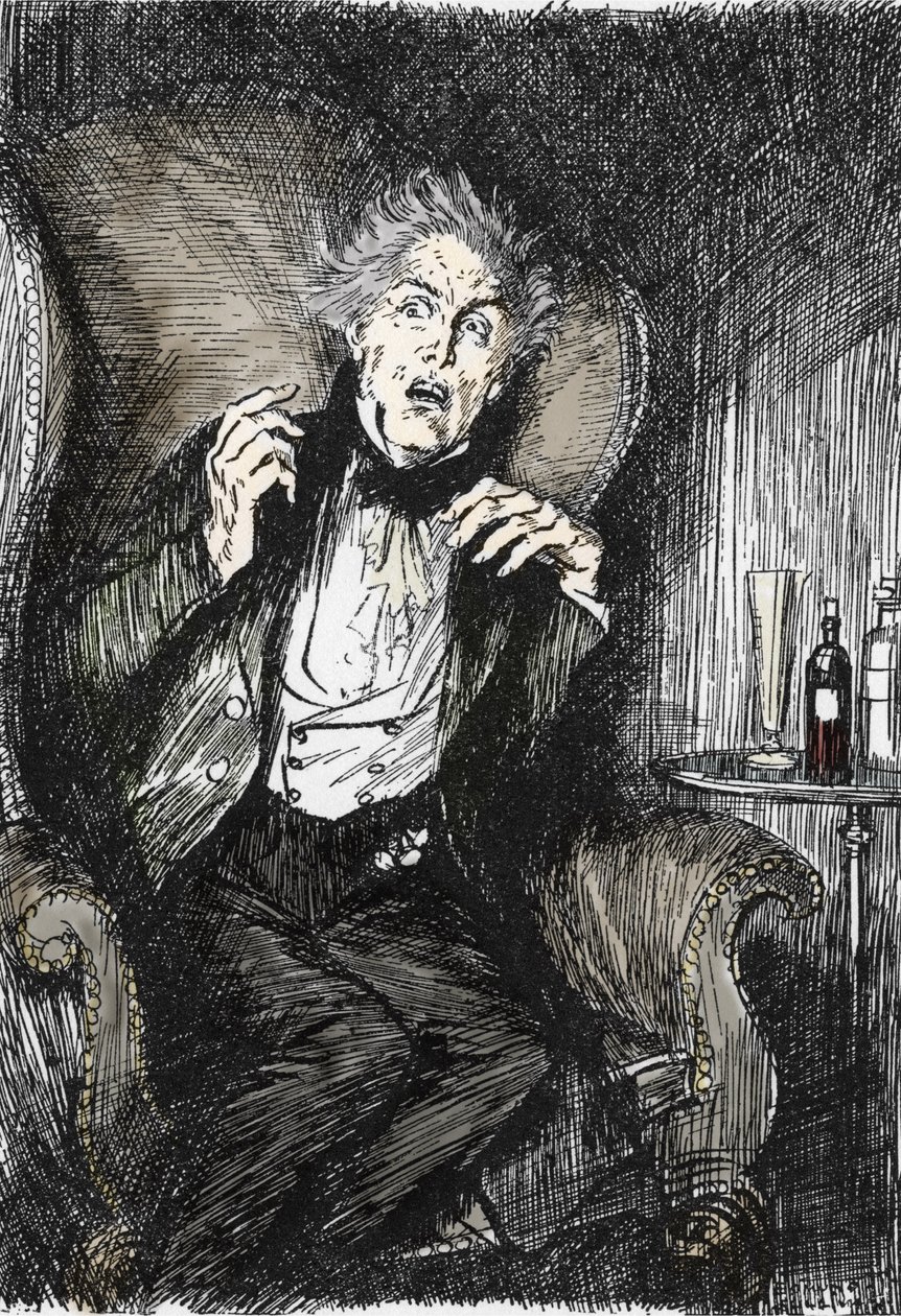 دكتور جيكل في حالة رعب أثناء محادثته مع أترسون وإنفيلد، رسم توضيحي لإدموند جوزيف سوليفان (1869-1933) لرواية L'Etrange Cas du dr Jekyll et de Mr Hyde "" لروبرت لويس ستيفنسون (1850-1894) 1927 (An) التعبير عن مثل هذا تير الدنيء بواسطة ادموند جوزيف سوليفان