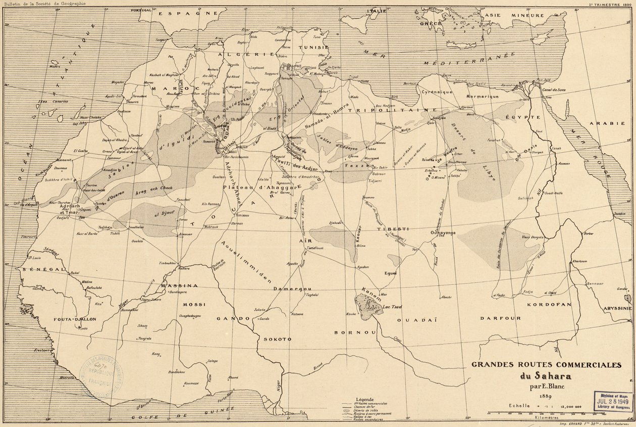 خريطة عام 1889 لطرق التجارة عبر الصحراء من قبل المستكشف الفرنسي إدوارد بلانك بواسطة إدوارد بلانك