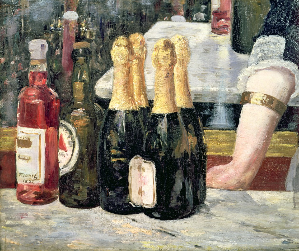 شريط في Folies-Bergere ، تفاصيل الزجاجات على الجانب الأيسر ، 1881-82 بواسطة إدوارد مانيه