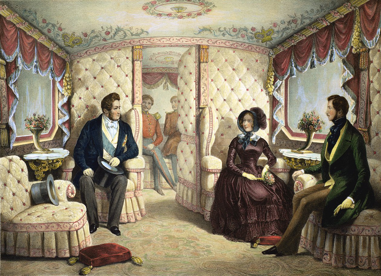 داخل عربة كوين للسكك الحديدية ، نقشها جول ديفيد (1808-92) ، ج .1844 بواسطة إدوارد بينجريت