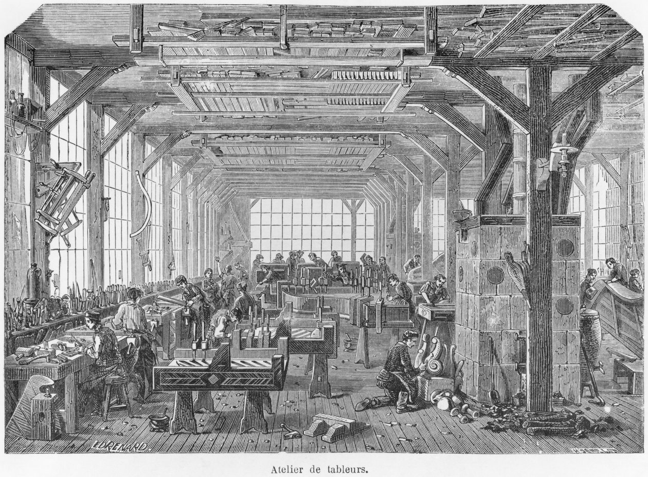 ورشة عمل لصناع بيانو Pleyel خلال الإمبراطورية الثانية ، رسم توضيحي من "Les Grandes Usines" لجوليان تورغان ، c.1880 بواسطة إدوارد رينارد