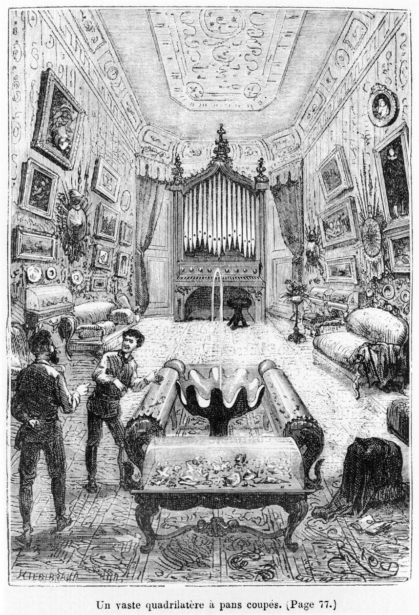 الجزء الداخلي من Nautilus ، رسم توضيحي من "20000 فرسخ تحت البحر" لجول فيرن (1828-1905) منقوش بواسطة هنري ثيوفيل هيلديبراند (1824-1897) باريس ، هيتزل ، تم نشره عام 1877 (وزن الجسم ph بواسطة إدوارد ريو