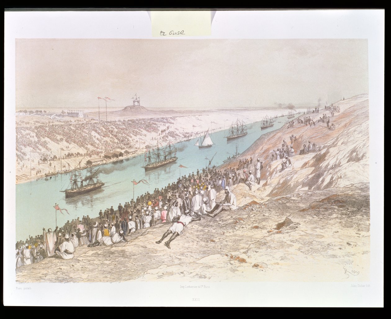 الموكب الافتتاحي لقناة السويس في الجسر عام 1865 ، من رحلة فوياج بيتوريسك ليثمي دي السويس بقلم ماريوس فونتان ، نقش جول ديدييه (1831-ج .80) 1869-70 بواسطة إدوارد ريو