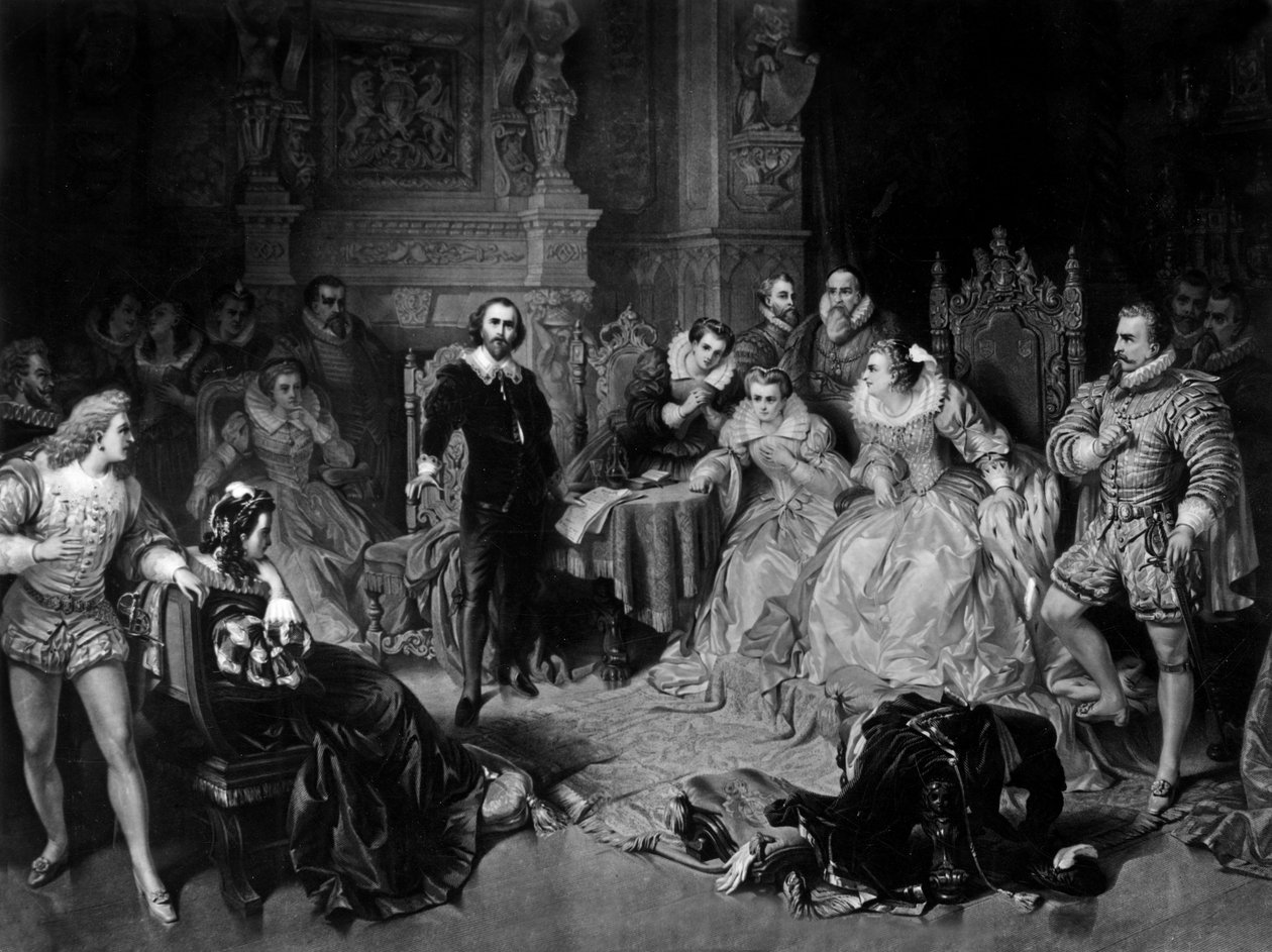 ويليام شكسبير (1564-1616) في بلاط الملكة إليزابيث الأولى ، نقشه بيير كوتين ، حوالي 1864 (ميزوتينت) بواسطة إدوارد (بعد) إندر