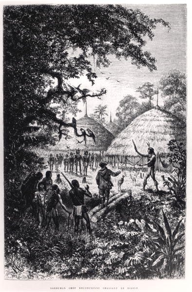 رئيس Yagouman Rougouyenne صيد الشيطان ، رسم توضيحي من 'Voyages dans l'Amerique du Sud' بقلم J. Crevaux ، نُشر عام 1883 (نقش) (صورة بالأبيض والأسود) بواسطة إدوارد (بعد) ريو