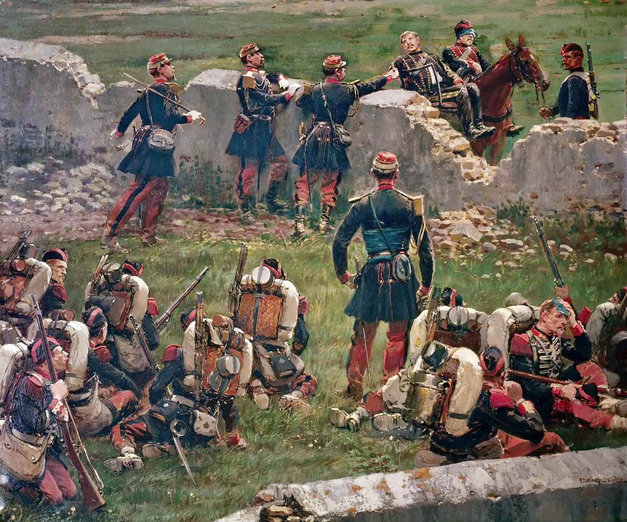 مساء معركة Rezonville Gravelotte. غريناديز من الحرس الإمبراطوري في راحة ، 16 أغسطس بواسطة جان بابتيست إدوارد التفاصيل