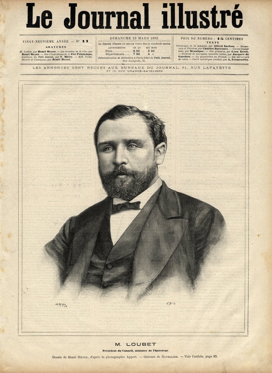 إميل لوبيه (1836-1929) في عام 1892 (رئيس المجلس - وزير الداخلية) نقش بواسطة نافيلييه في "الجريدة المصورة" عام 1892 بواسطة إدوارد فيليسيان يوجين نافيلييه