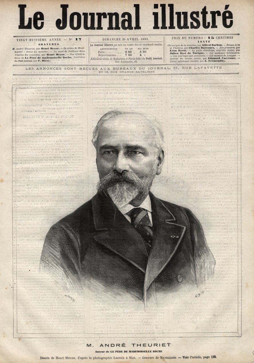 صورة لأندريه ثيوريت (1833-1907) ، الروائي والشاعر والأكاديمي الفرنسي - نقش بواسطة نافيلييه في "مجلة اللامع" عام 1891 بواسطة إدوارد فيليسيان يوجين نافيلييه