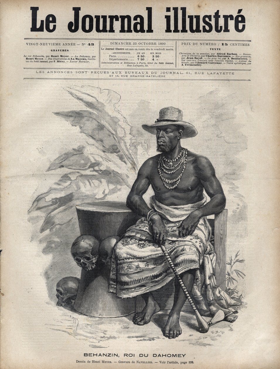 صورة لبيهانزين (1844-1900) ، ملك داهومي (بنين) - نقش بواسطة نافيلييه في "اليوميات المصورة" عام 1892 بواسطة إدوارد فيليسيان يوجين نافيلييه