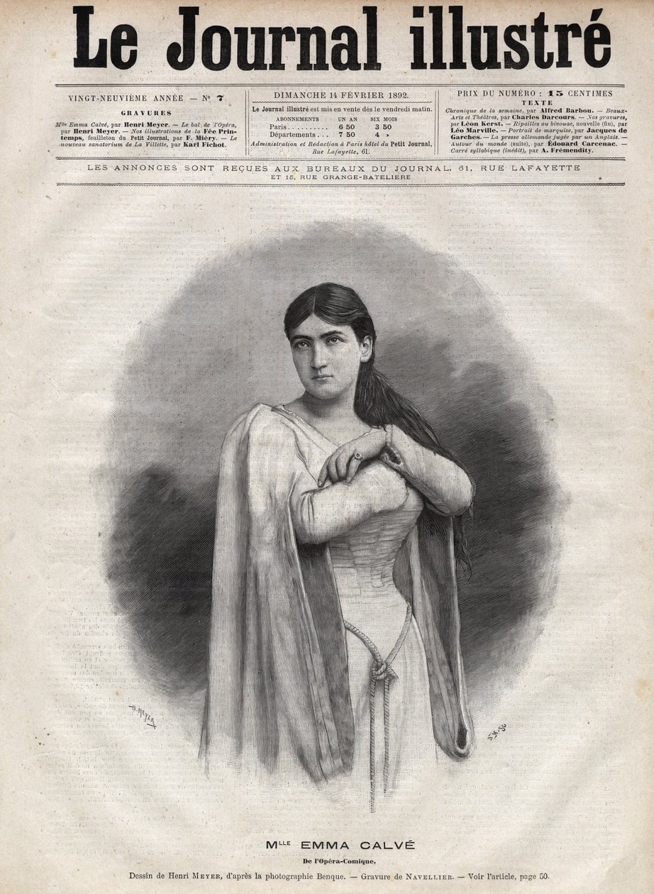 صورة إيما كالف (روزا نويمي إيما كالفيت دي روكيه ، ديت) (1858-1942) ، سوبرانو فرنسية - نقش بواسطة نافيلييه في "المجلة المصورة" لعام 1892 بواسطة إدوارد فيليسيان يوجين نافيلييه