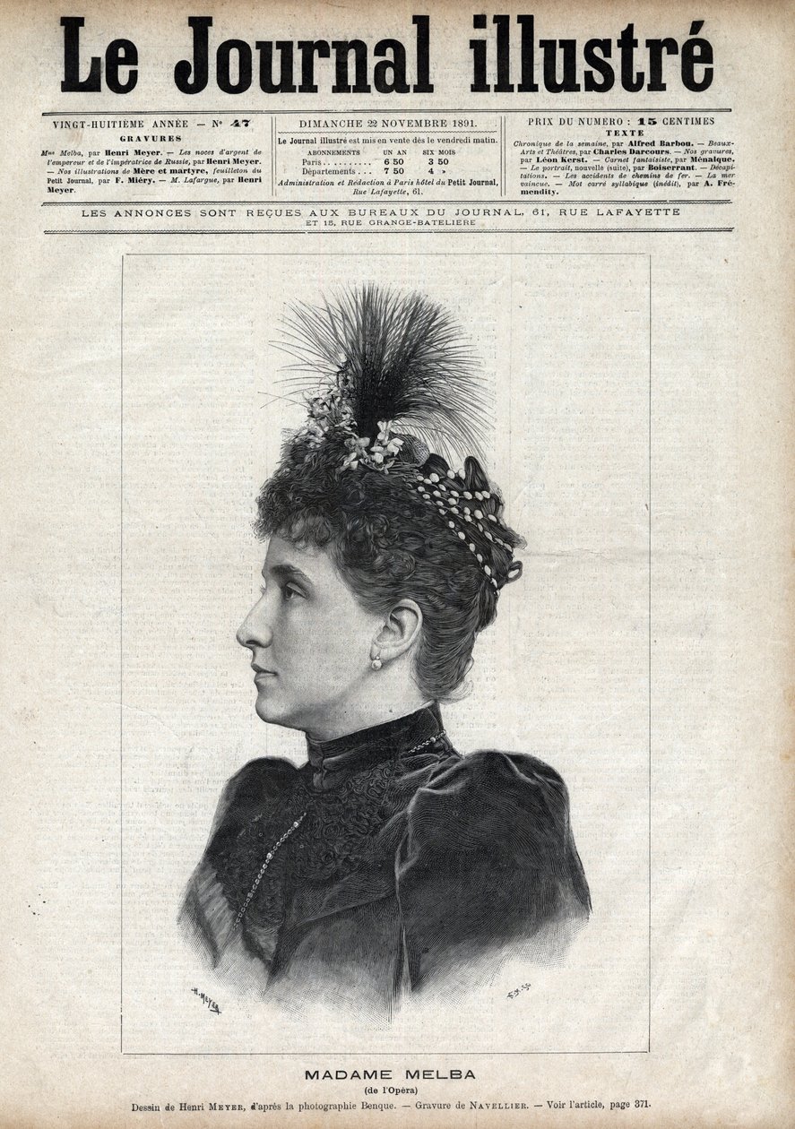 صورة لنيلي ميلبا (هيلين بورتر ميتشل ، ديت) (1861-1931) ، السوبرانو الأسترالية - نقش بواسطة نافيليير في "المجلة المصورة" عام 1891 بواسطة إدوارد فيليسيان يوجين نافيلييه
