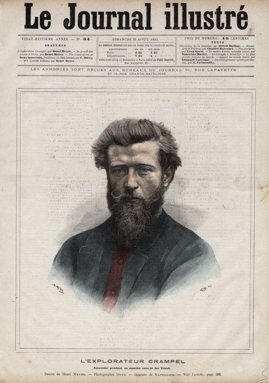 صورة بول كرامبل (1864-1891) ، المستكشف الفرنسي لإفريقيا الوسطى - نقش بواسطة نافيلييه في "يوميات مصور" عام 1891 بواسطة إدوارد فيليسيان يوجين نافيلييه