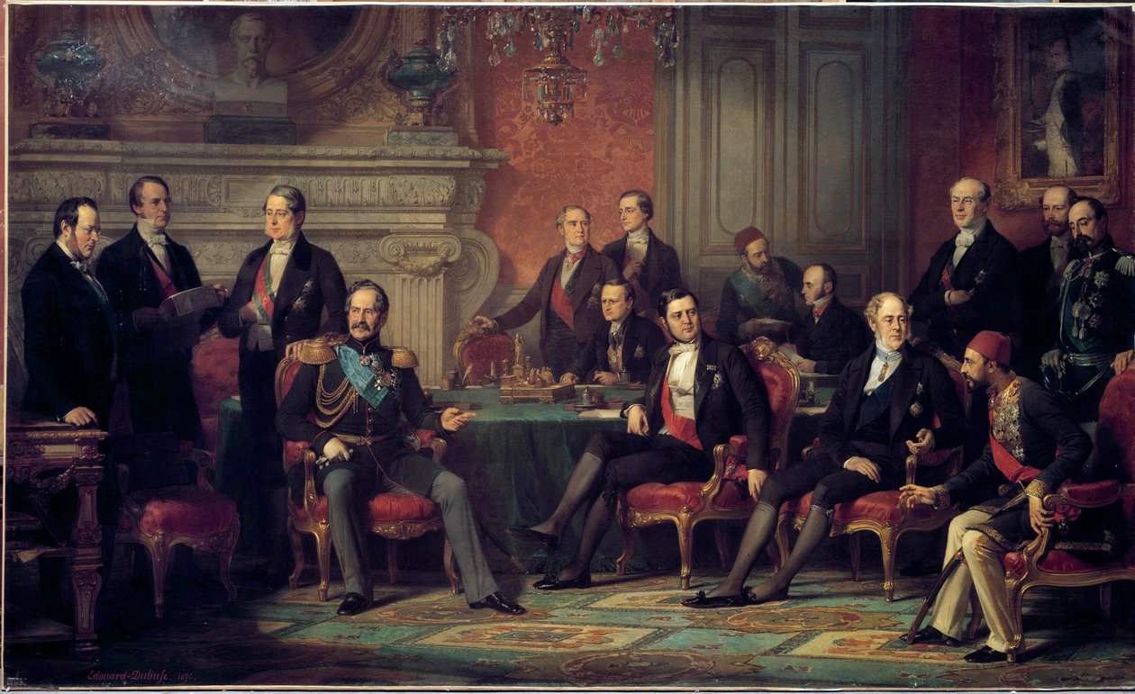 اجتمع مؤتمر باريس في الفترة من 25 فبراير إلى 30 مارس 1856 في نهاية حرب القرم ، من قبل نابليون الثالث مع وزراء خارجية الدول الأوروبية. لوحة لإدوارد لويس دوبوف (1820-1883). 1856 الأحد. 3،08 x 5،10 م بواسطة إدوارد لويس دوبوف