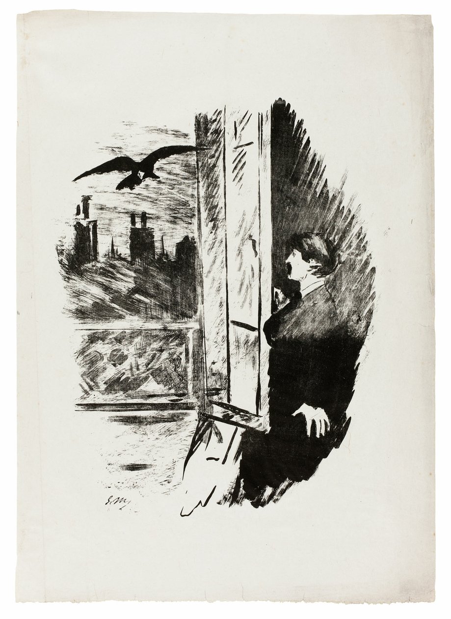 في النافذة ("افتح هنا ، ألقيت المصراع ...") ، من The Raven (Le Corbeau) بواسطة إدوارد مانيه