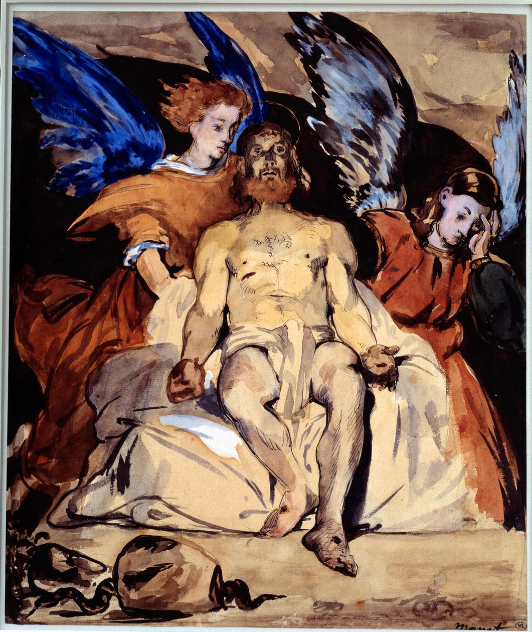 المسيح مع الملائكة ألوان مائية ، غواش وحبر صيني بواسطة إدوارد مانيه (1832-1883) 1864 صن. 0،32x0،27 م باريس ، متحف دورسيه بواسطة إدوارد مانيه