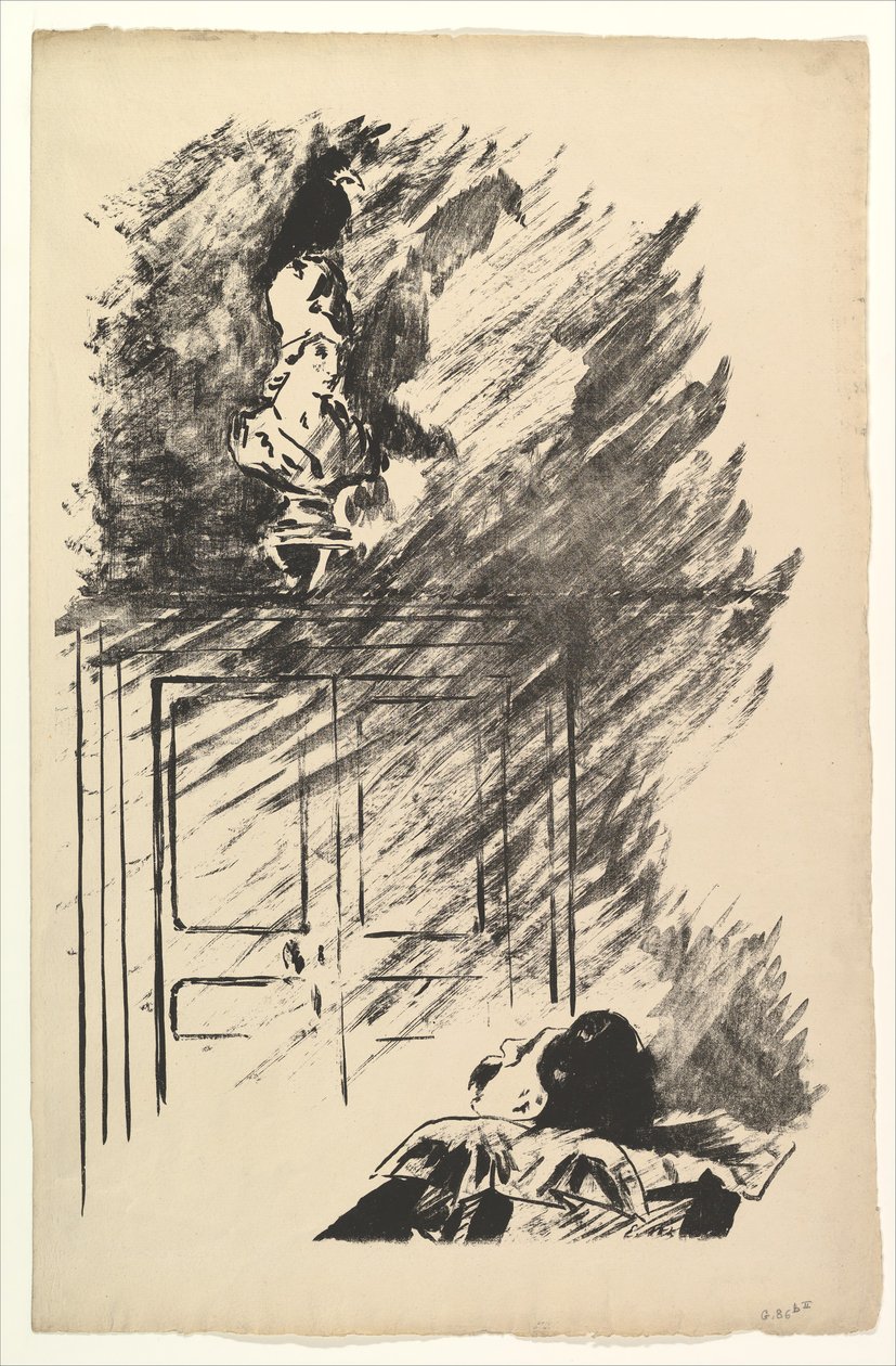 تطفو على تمثال نصفي بالاس. رسم توضيحي للغراب بواسطة إدغار آلان بو ، 1875. بواسطة إدوارد مانيه