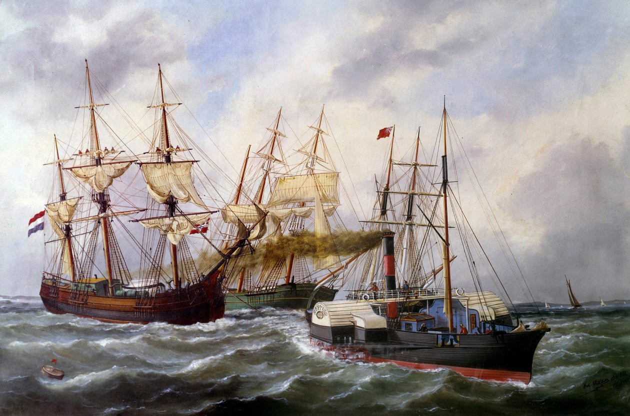 مقطورتان من ثلاث حصائر رسمها لو نبتون أوهافر في عام 1882 لوحة لإدوارد آدم (1847-1929) 1882 باريس ، متحف دي لا مارين بواسطة إدوارد ماري آدم