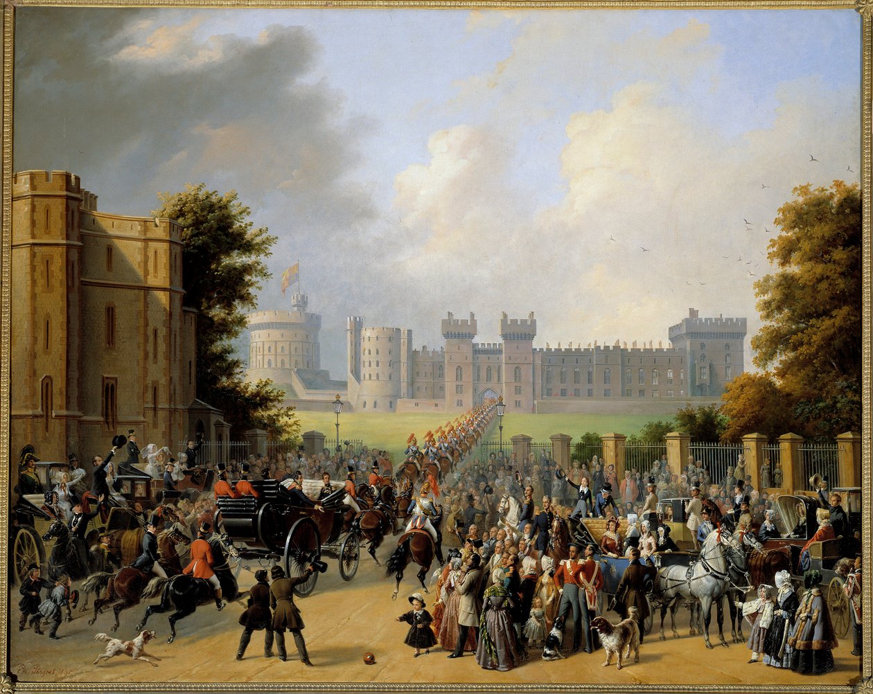 Arrival by Louis Philippe I (1773-1850) at the Castle of Windsor 8/10/1844 Painting by Edouard Pingret (1788-1875) 1845 Sun. 1,28x1,6 m بواسطة إدوارد بينجريت