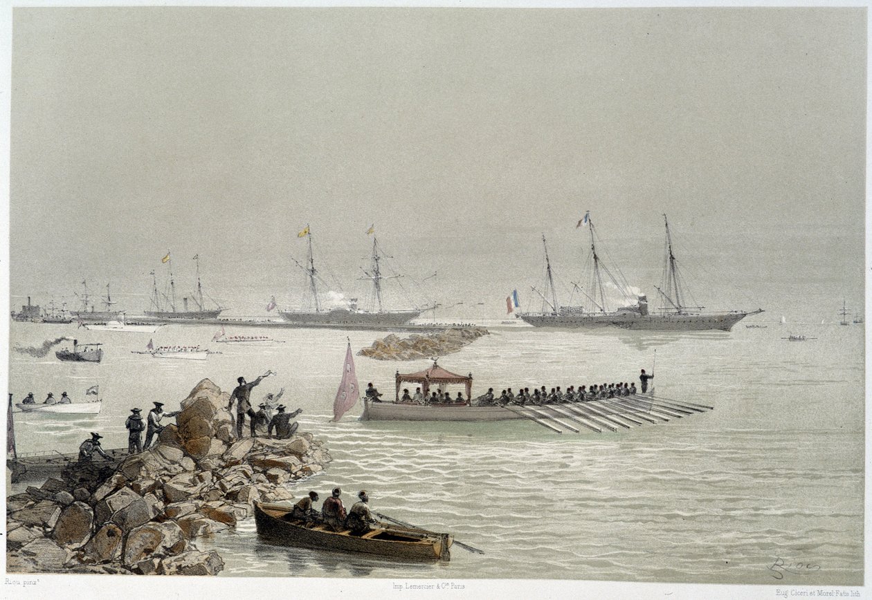 وصول الملوك إلى السويس في "" افتتاح قناة السويس بواسطة جي نيكول. 1869 بواسطة إدوارد ريو