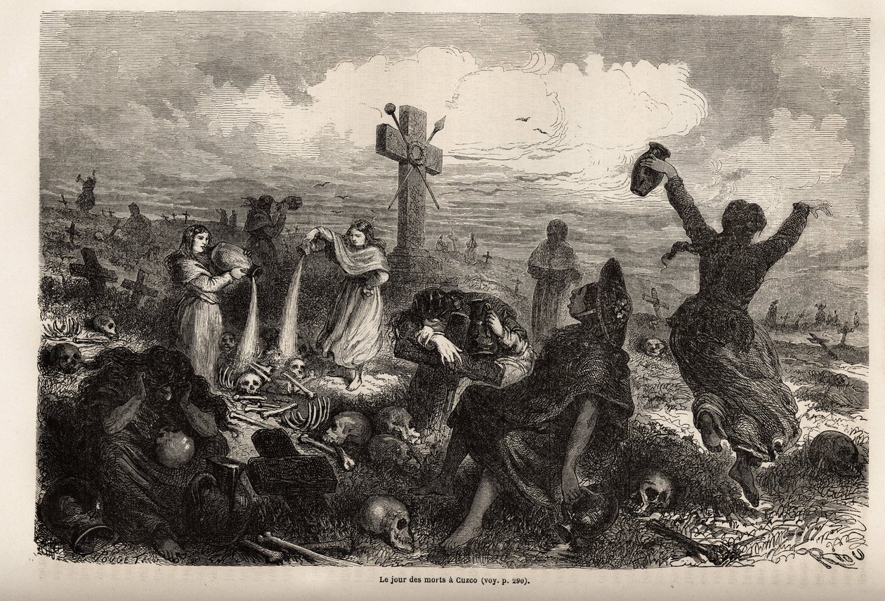 الاحتفال بالعيد في كوزكو ، رسم ريو ، لتوضيح رحلة بول ماركوي عبر أمريكا الجنوبية من 1848 إلى 1860. نقش في "" Le Tour du monde "، تحرير إدوارد شارتون بواسطة إدوارد ريو