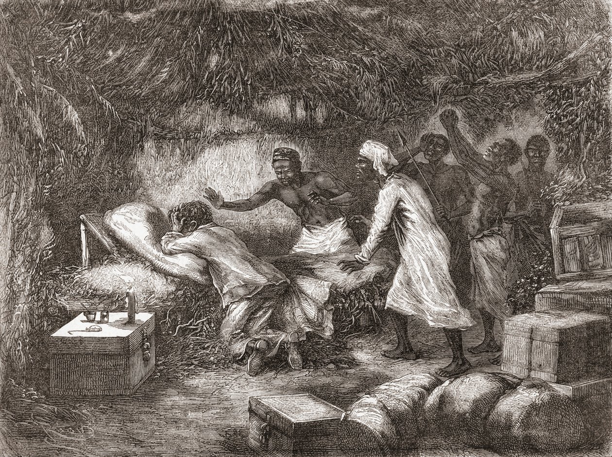 وفاة الدكتور ليفنجستون في قرية تشيتامبو بإفريقيا عام 1873 ، رسم توضيحي من "العالم بين يدي" ، نُشر عام 1878 بواسطة إدوارد ريو
