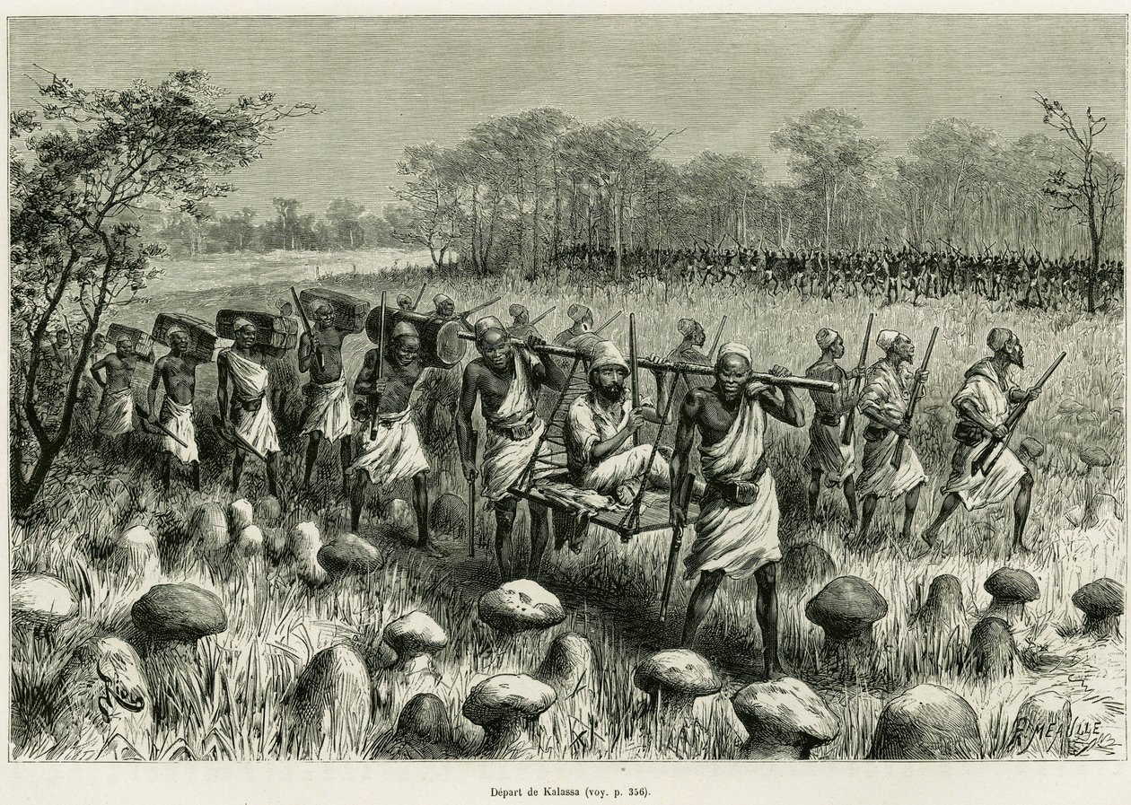 غادر الراوي الراوي من كلاسة في كرسيه مع الحمالين. نقش ريو لتوضيح قصة Les lacs de l'Afrique Equatoriale ، بقلم فيكتور جيرود ، راية السفينة ، في 1883-1885 ، في جولة العالم 1887 ، تحت إشراف Edouard C بواسطة إدوارد ريو