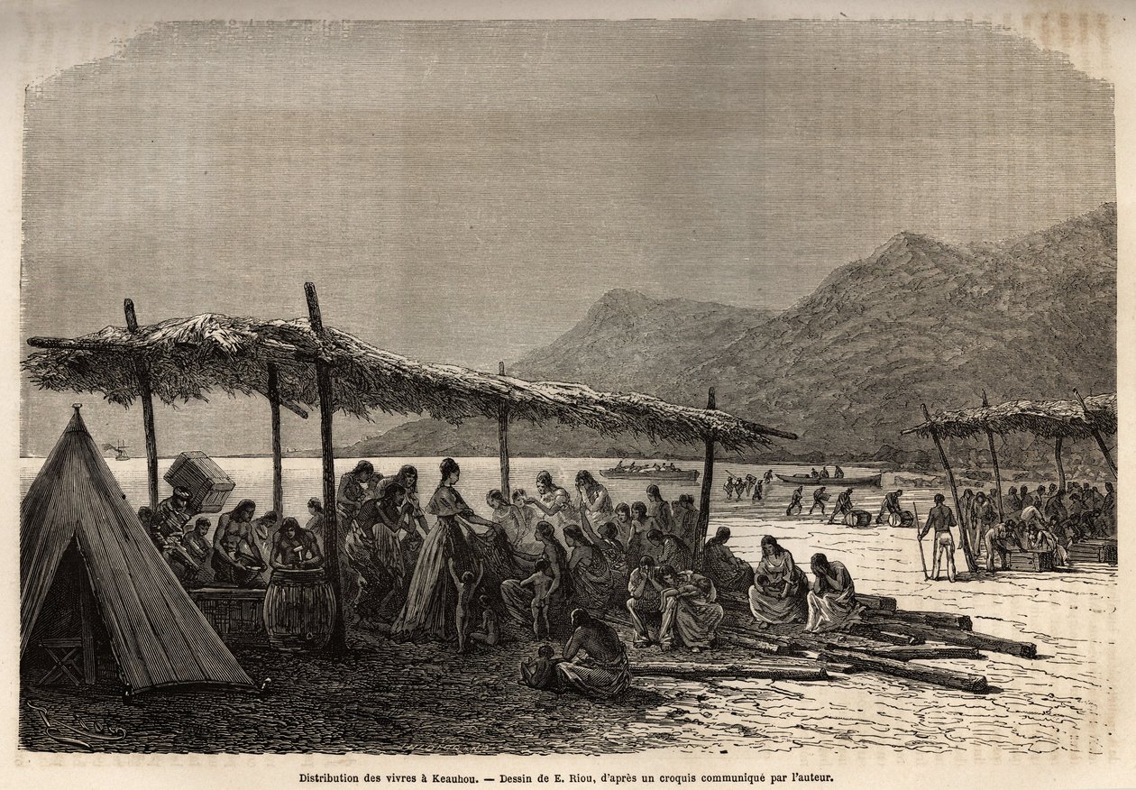 توزيع المواد الغذائية في كيوهو ، بعد الزلزال والثوران البركاني عام 1868 ، لضحايا الكارثة ، نقش بعد رسم إي ريو ، يوضح الرحلة إلى جزر ساندويتش ، في 1855-1869 ، بواسطة C. de Varigny ، نشرت في "" Le بواسطة إدوارد ريو