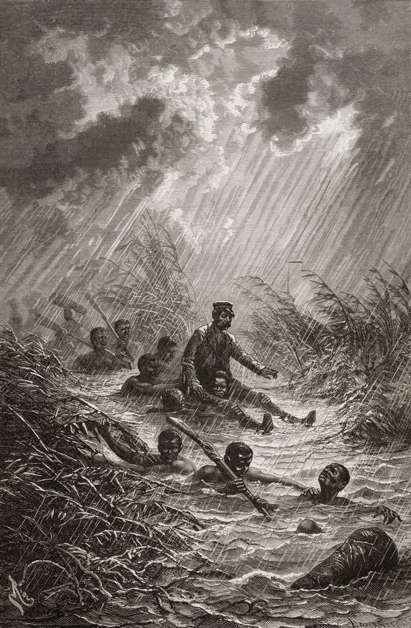 حمل الدكتور ديفيد ليفينغستون من خلال مستنقع من الحمالين خلال بعثته إلى أفريقيا عام 1872 ، صورة توضيحية من "العالم في الأيادي" ، نقشها تشارلز لابلانت بواسطة إدوارد ريو
