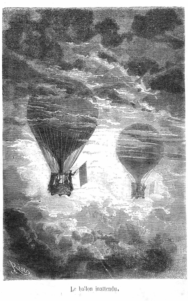 رسم لكتاب Jules Verne من مجموعة Hetzel / Extraordinary Travels "خمسة أسابيع في بالون". يلتقي بالون فيكتوريا ببالون آخر في السحب بواسطة إدوارد ريو