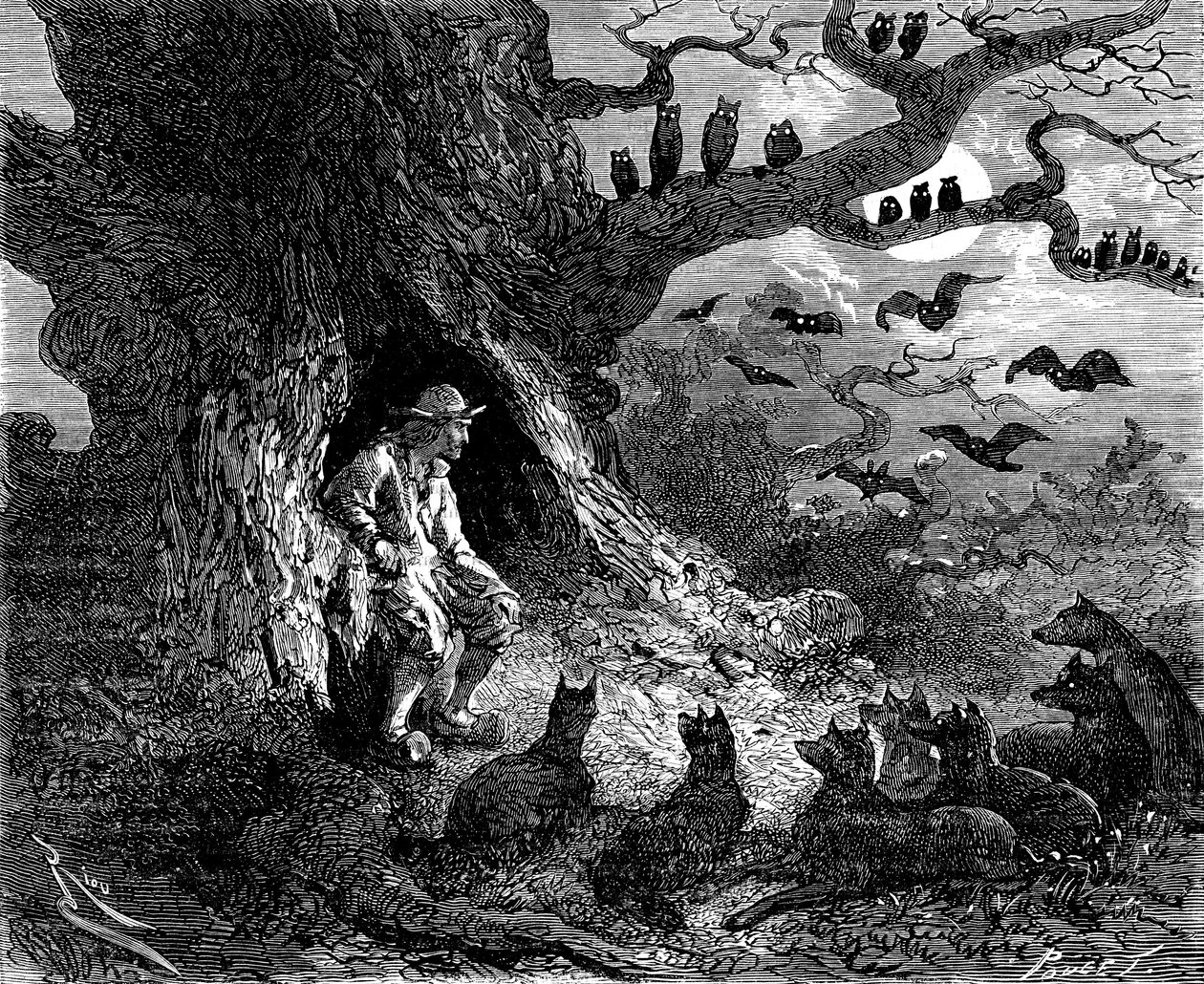 رسم توضيحي لرواية ألكسندر دوما "Le leader de loups": بدا أن تيبو كان مركز دائرة جهنم ، القرن التاسع عشر بواسطة إدوارد ريو