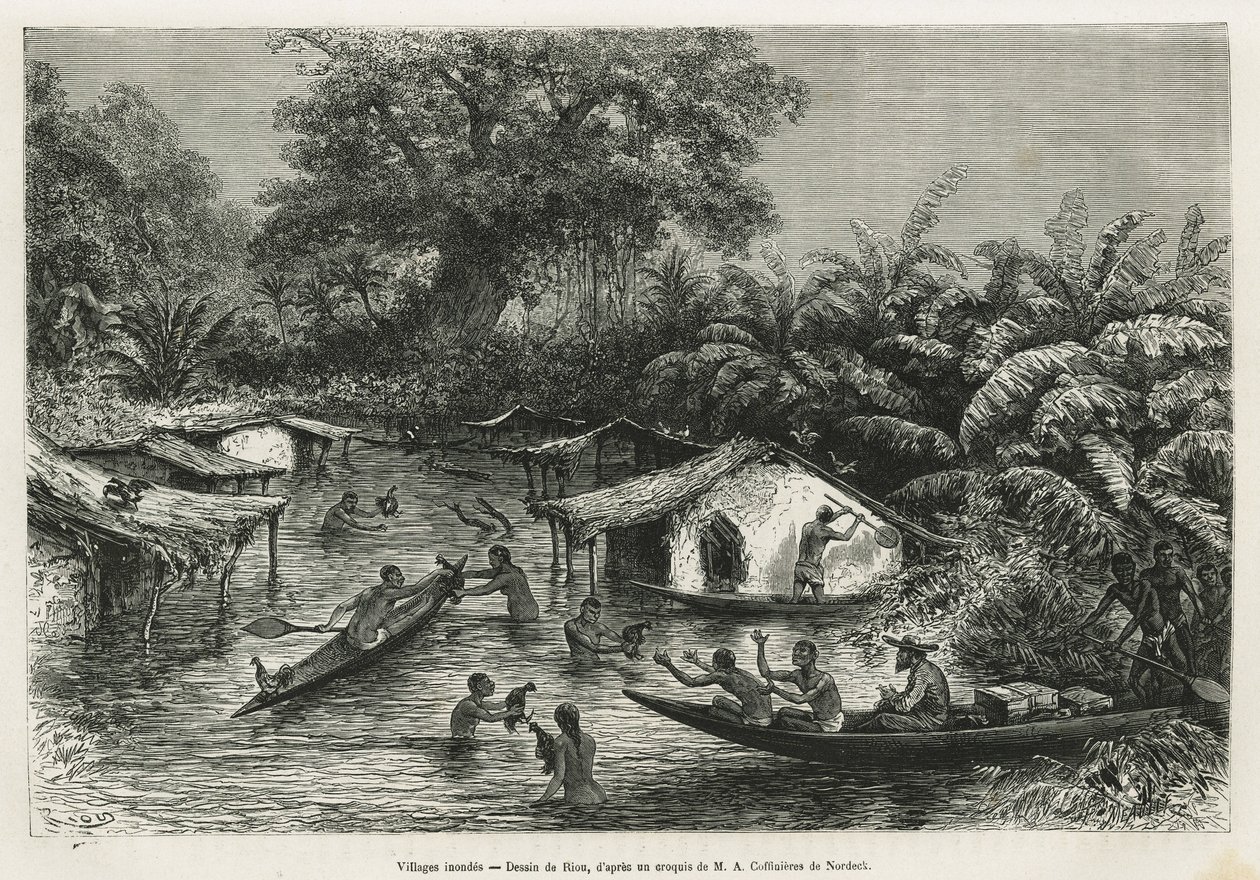 قرى إينونديس ، رسمها ريو ، لتوضيح قصة رحلة إلى الجابون ونهر أوغوي في 1875-1877 ، بواسطة ألفريد ماركي. نقش في Le Tour du monde بواسطة إدوارد ريو
