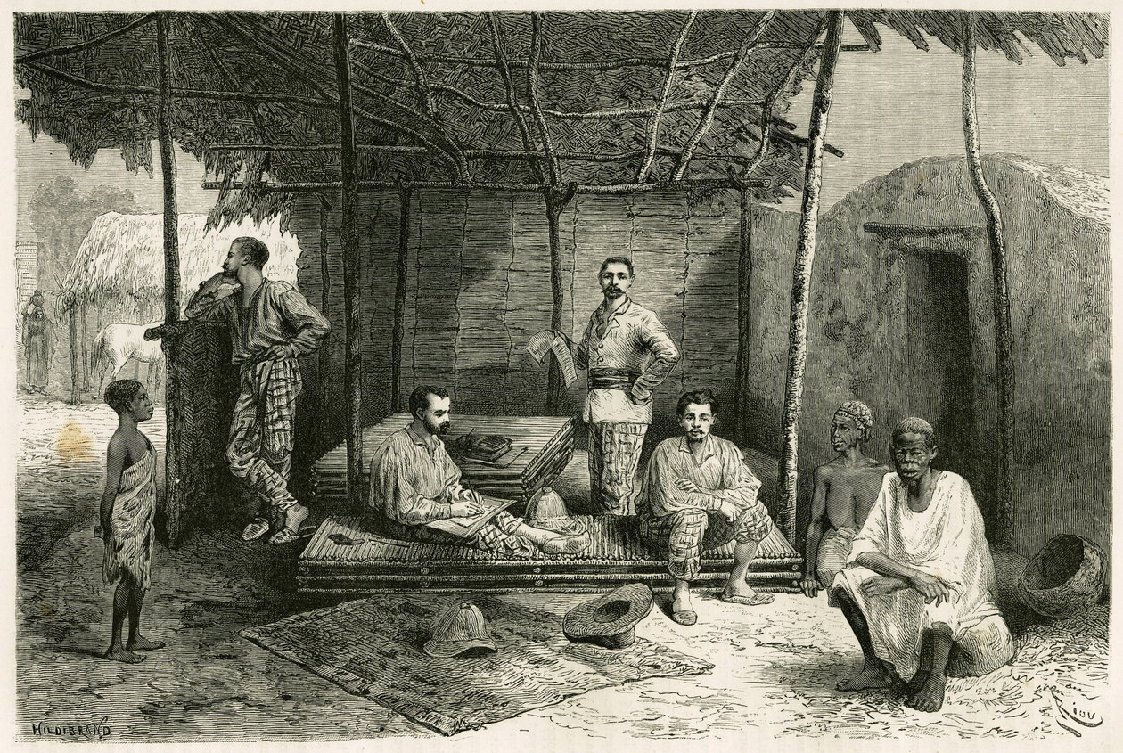 تركيب البعثة في نانغو ، لمدة 10 أشهر ، مع صور لجالياني وقائده فاليري وبيتري والدكتور تاوتين بالإضافة إلى المترجمين الفوريين والمرشدين والمطعم. نقش ريو ، بناءً على رسم تخطيطي للمؤلف ، للتوضيح بواسطة إدوارد ريو
