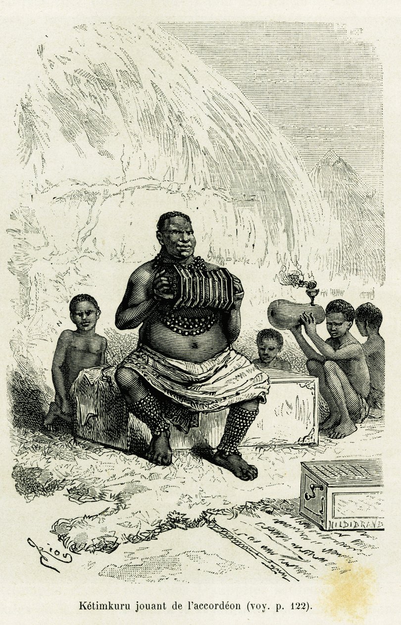 Ketimkuru ، زعيم قبلي ، يعزف على الأكورديون. نقش ريو لتوضيح قصة Les lacs de l'Afrique equatoriale ، بقلم فيكتور جيرود ، راية السفينة ، في 1883-1885 ، في جولة العالم 1886 ، تحت إشراف إدوارد شارتون (1807-1890) ، Hac بواسطة إدوارد ريو