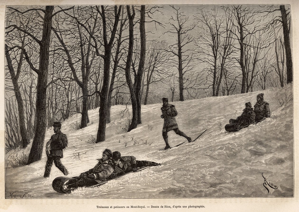Luges et skaters au plateau du Mont-Royal ، بالقرب من مونتريال ، نقش بعد رسم ريو ، يوضح الرحلة إلى كندا و Riviere Rouge du nord ، بواسطة H. De Lamotte ، في عام 1873 ، نُشر في "" Le tour du monde " "" 1875 ، حرره إدوارد شارتون ، بواسطة إدوارد ريو
