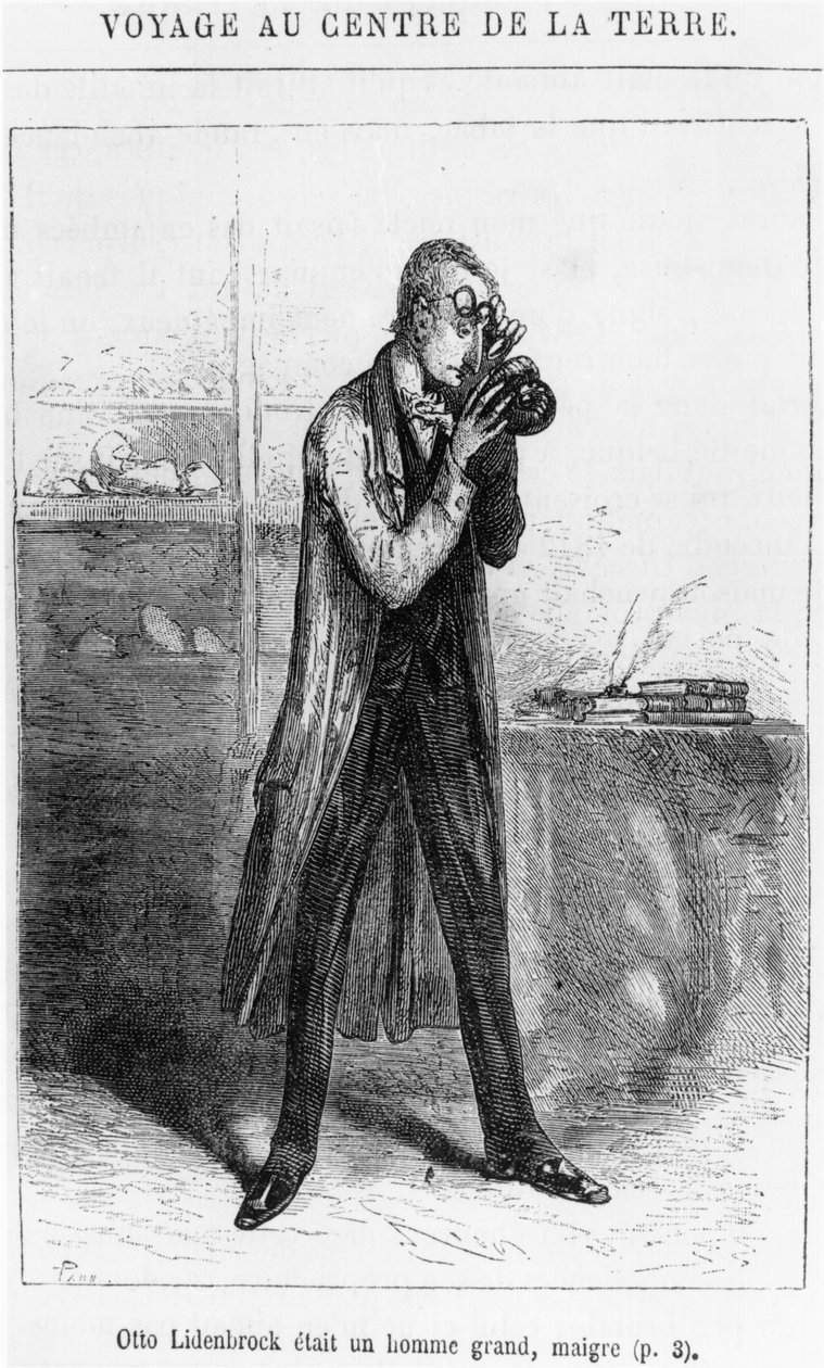 البروفيسور أوتو ليدنبروك ، رسم توضيحي من "رحلة إلى مركز الأرض" بقلم جول فيرن (1828-1905) باريس ، هيتزل بواسطة إدوارد ريو