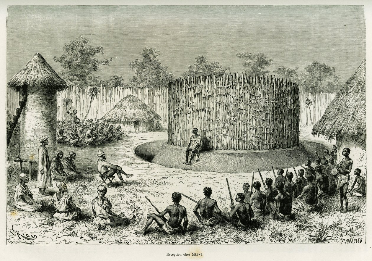 استقبال في Mkwewe ، زعيم القبيلة ، مع الراوي. نقش ريو لتوضيح قصة Les lacs de l'Afrique Equatoriale ، بقلم فيكتور جيرود ، راية السفينة ، في 1883-1885 ، في جولة العالم 1886 ، تحت إشراف إدوارد شارتون (1807-1890) ، بواسطة إدوارد ريو