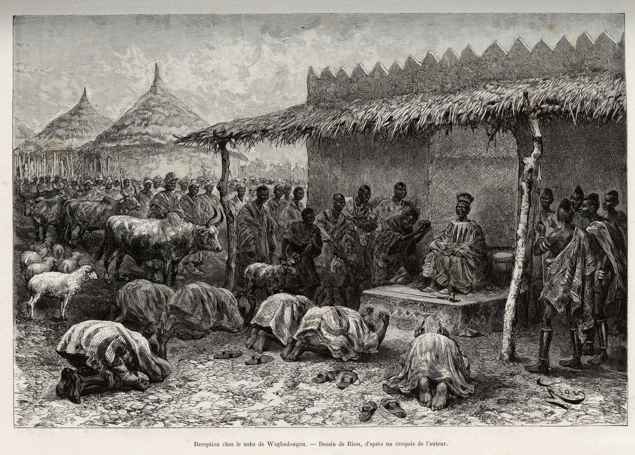 استقبال في نابا سانم ، من مملكة موسي (أو موسى) واغادوغو (واغادوغو ، بوركينا فاسو). نقش ريو ، لتوضيح قصة "" من النيجر إلى خليج غينيا "" للكابتن لويس غوستاف بينغر (1856-1936) ، في 1887-1889 ، في لي تو بواسطة إدوارد ريو