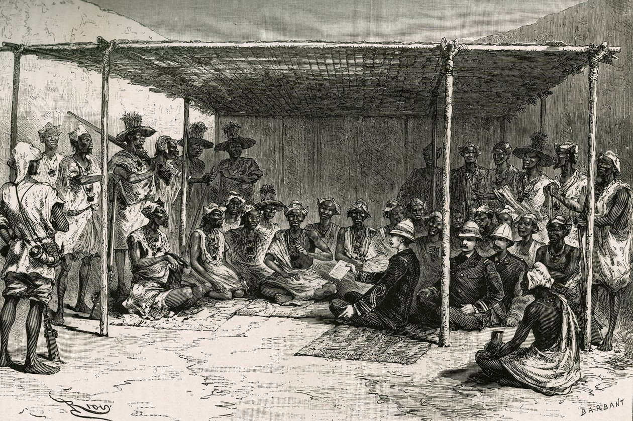 توقيع المعاهدة التي وضعت دولة كيتا (السودان الفرنسي السابق ، مالي حاليًا) تحت حماية فرنسا في 25 أبريل 1880 بين القائد جوزيف جالياني (1849-1916) وتوكونتان كيتا. نقش Riou ، بناءً على رسم تخطيطي لـ au بواسطة إدوارد ريو
