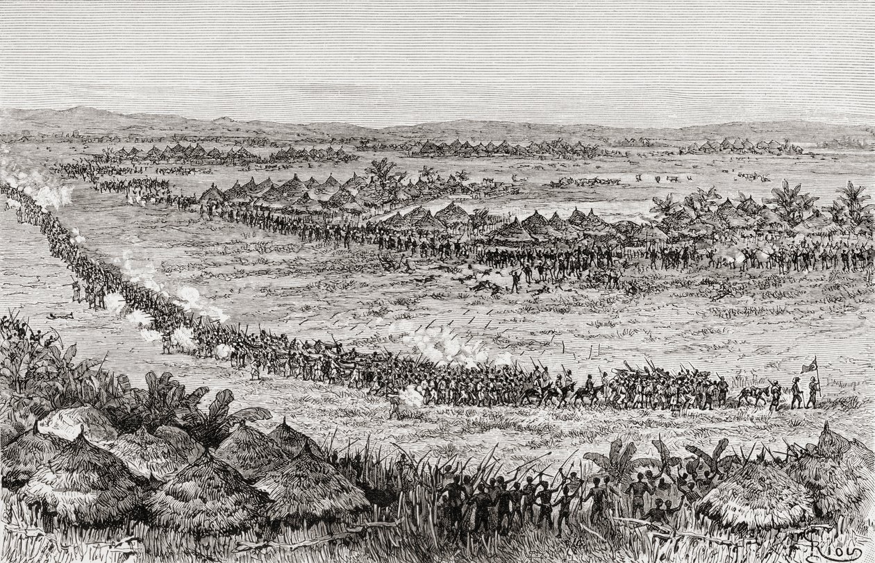 تهديد السير هنري مورتون ستانلي ورجاله من قبل مواطني سوكوما ، 1890 (نقش الخشب) بواسطة إدوارد ريو