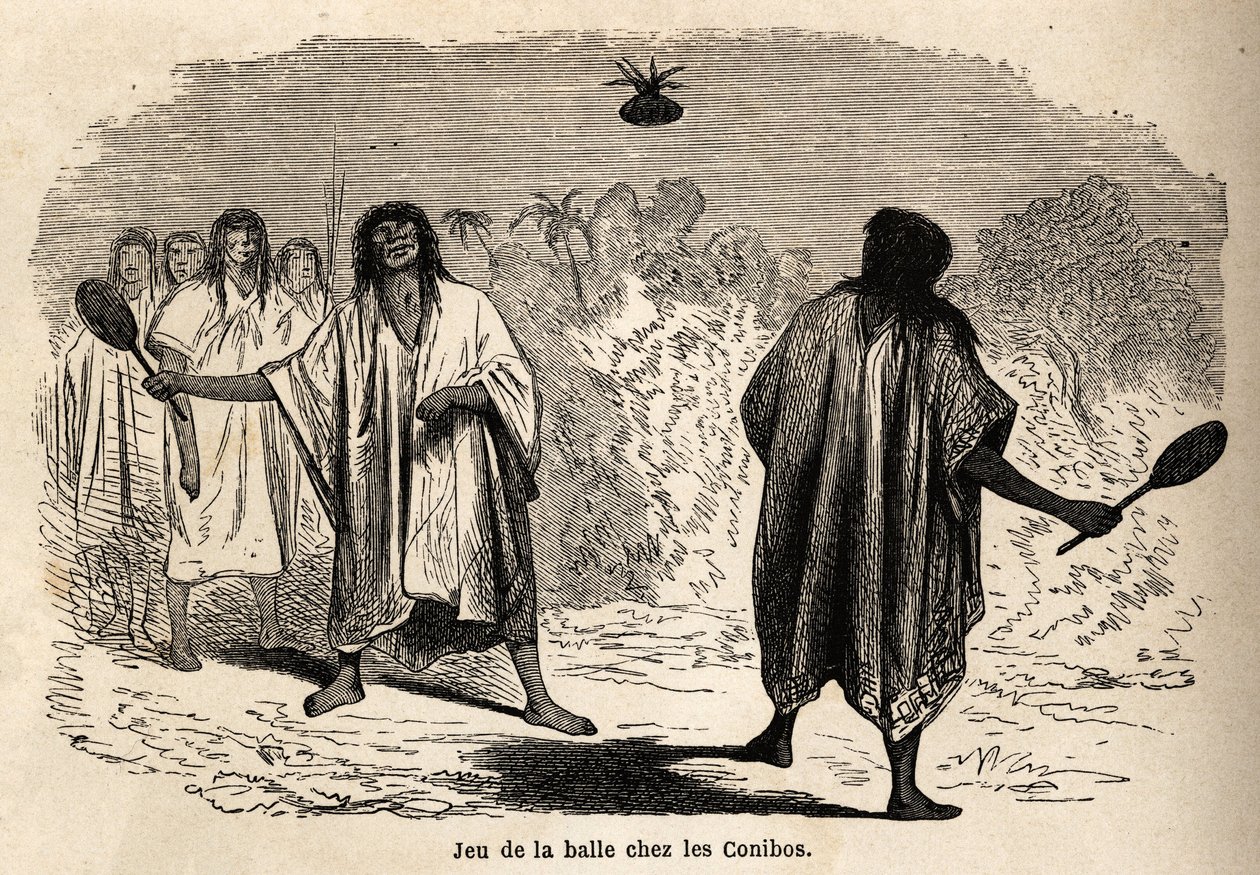 لعبة الكرة ، بين الكونيبو الهندي في بيرو ، رسمها ريو لتوضيح رحلة بي ماركوي ، من 1848 إلى 1860 ، من المحيط الهادئ إلى المحيط الأطلسي. نقش في "" Le Tour du monde "، تحرير إدوارد شارتون بواسطة إدوارد ريو
