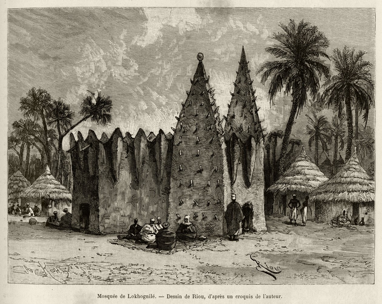 مسجد Lokhognile (خليج Guinee). نقش ريو ، لتوضيح قصة "" من النيجر إلى خليج غينيا "" للكابتن لويس جوستاف بينجر (1856-1936) ، في 1887-1889 ، في Le Tour du monde ، nouveau journal des voyages ، تحت إشراف بواسطة إدوارد ريو