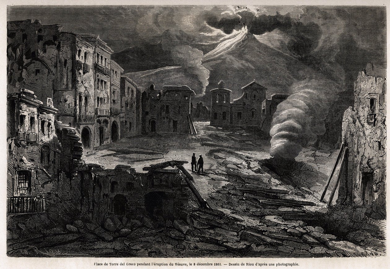 ساحة Torre del Greco ، أثناء ثوران Vesuve ، 8 ديسمبر 1861 ، رسم ريو ، لتوضيح المشي حول نابولي بواسطة Marc Monnier ، في 1862. نقش في "" Le Tour du monde "، تم تحريره بواسطة Edouard Charton بواسطة إدوارد ريو