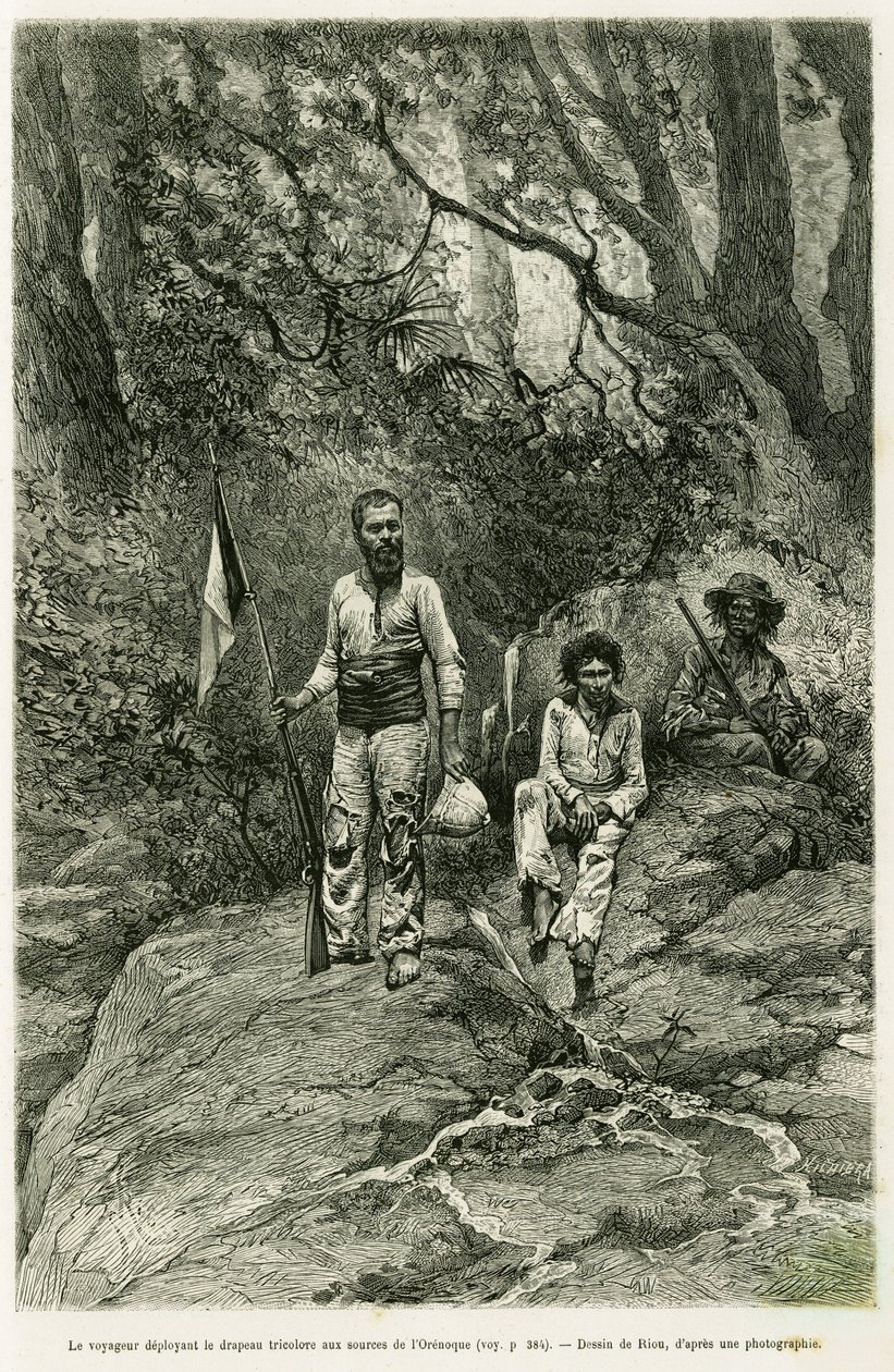 المسافر ينشر علم الالوان الثلاثة على مصادر Orenoque. نقش ريو ، لتوضيح قصة Voyage aux sources de l'Orenoque ، في 1886-1887 ، بواسطة جان شافانجون ، تم تكليفه من قبل خبير التعليم العام ، في جولة العالم 1 بواسطة إدوارد ريو